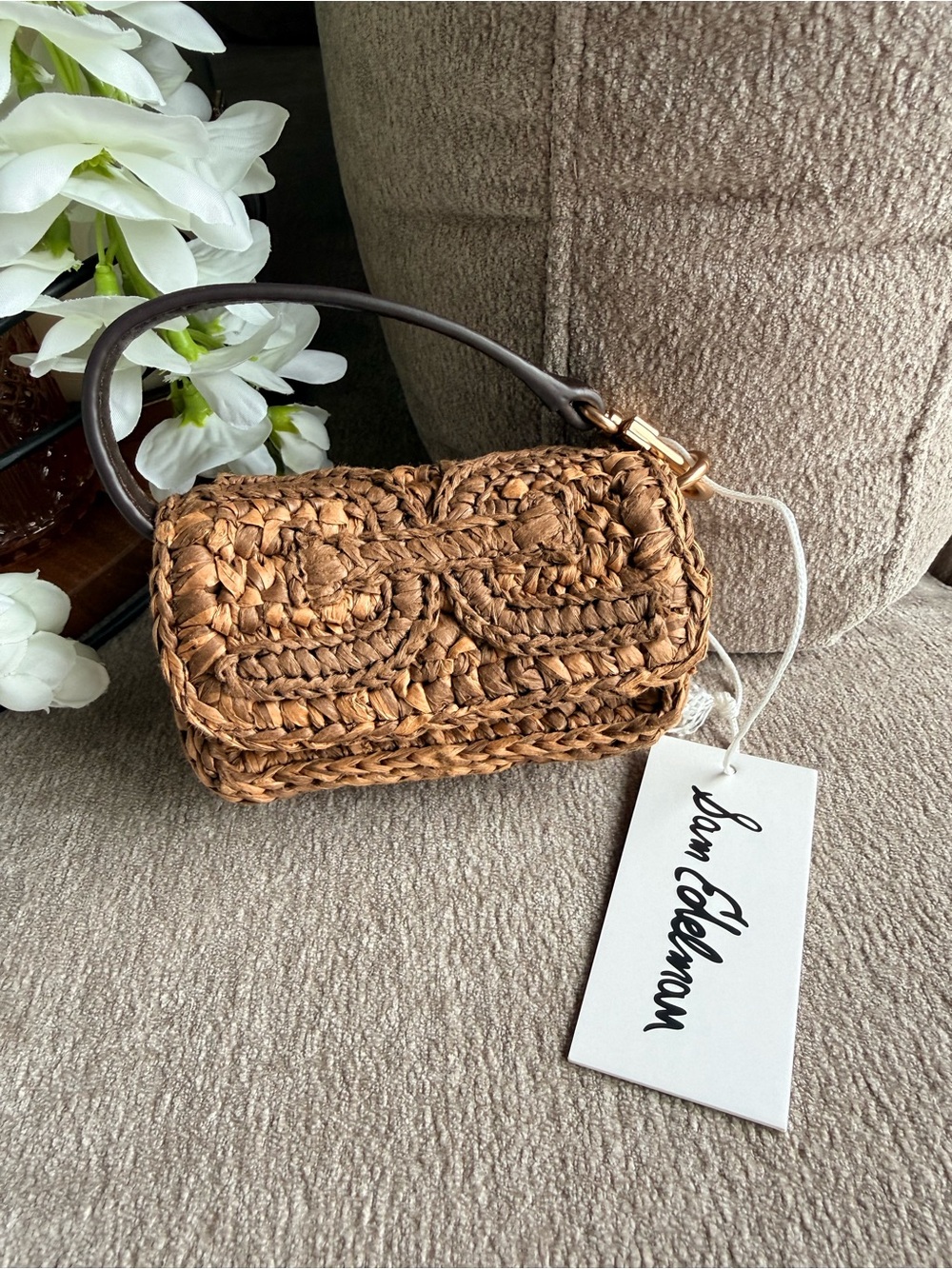 Sam Edelman Brown Woven Mini Top-Handle Cardholder Bag Wallet with Gold Hardware